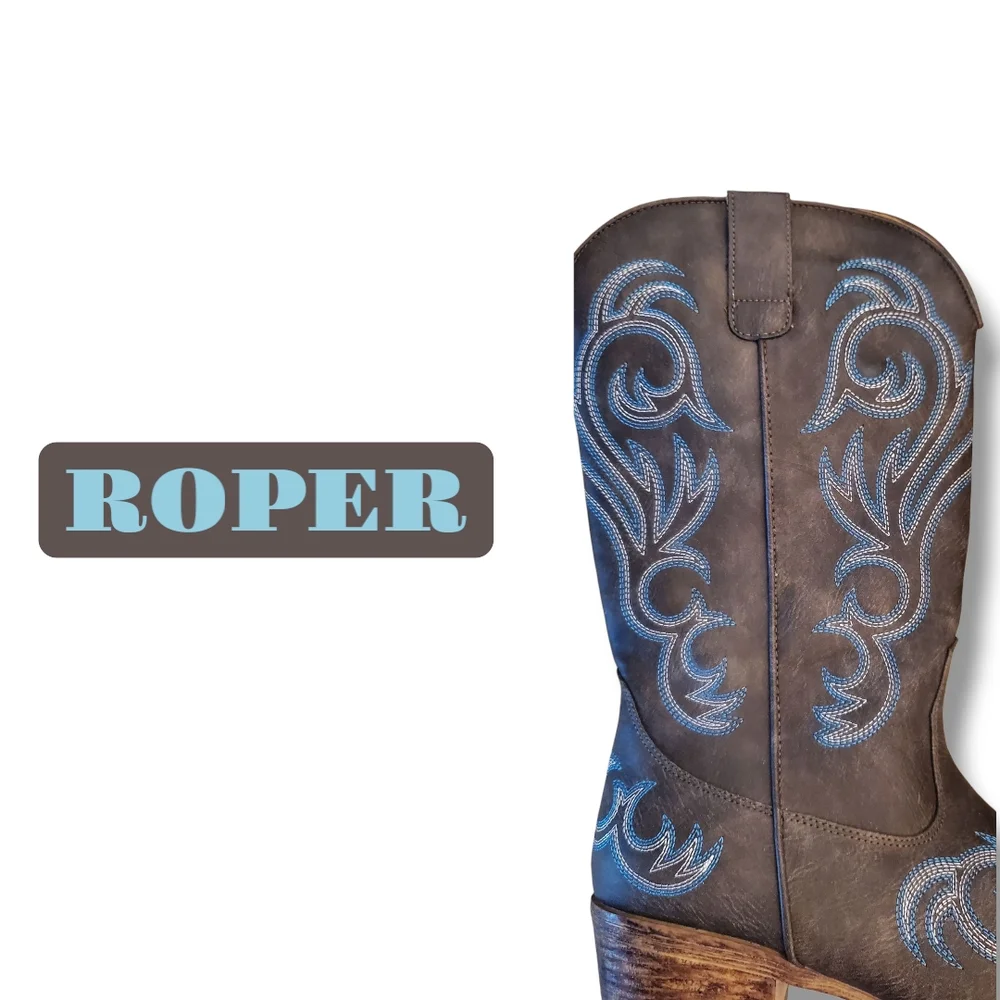 Roper Brown Cowgirl Western Boots with Blue Accents New Women's Size 8.5 - Picture 10 of 10